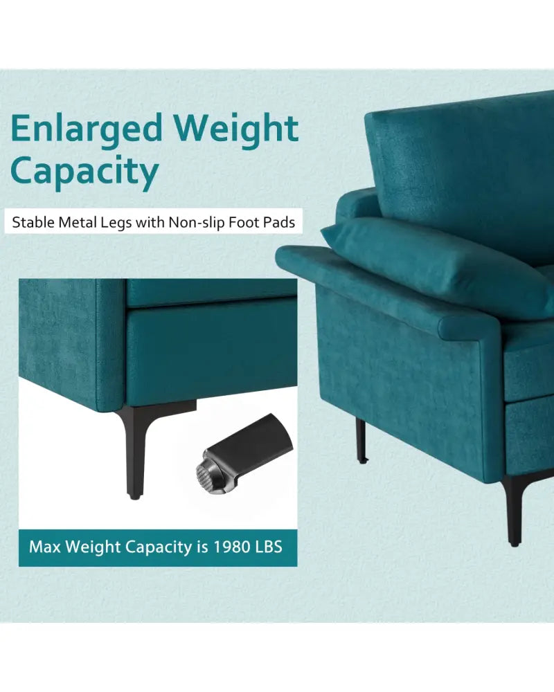 Large 3-Seat Sofa Sectional with Metal Legs and 2 USB Ports for 3-4 people-Turquoise - Turquoise - Sofas & Loveseats