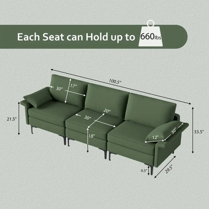 Large 3-Seat Sofa Sectional with Metal Legs and 2 USB Ports for 3-4 people-Green - Army Green - Sofas & Loveseats