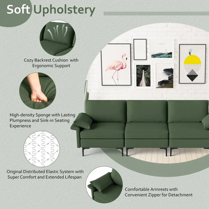 Large 3-Seat Sofa Sectional with Metal Legs and 2 USB Ports for 3-4 people-Green - Army Green - Sofas & Loveseats