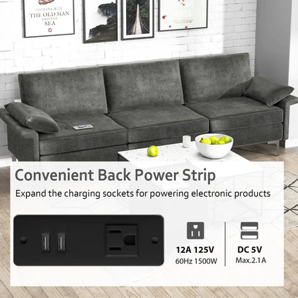 Large 3-Seat Sofa Sectional with Metal Legs and 2 USB Ports for 3-4 people-Silver - Gray - Sofas & Loveseats
