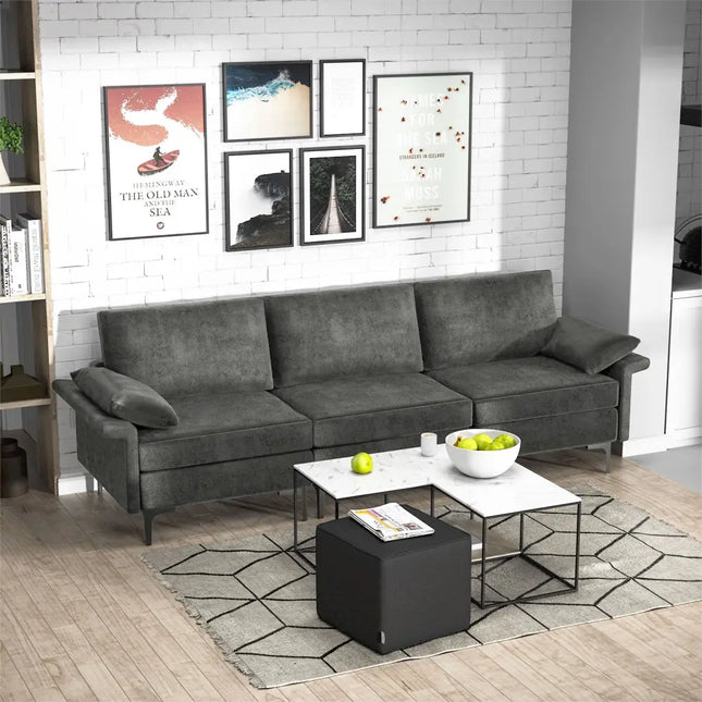 Large 3-Seat Sofa Sectional with Metal Legs and 2 USB Ports for 3-4 people-Silver - Gray - Sofas & Loveseats