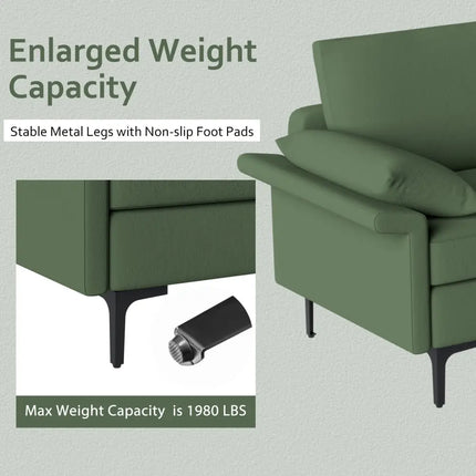 Large 3-Seat Sofa Sectional with Metal Legs and 2 USB Ports for 3-4 people-Green - Army Green - Sofas & Loveseats