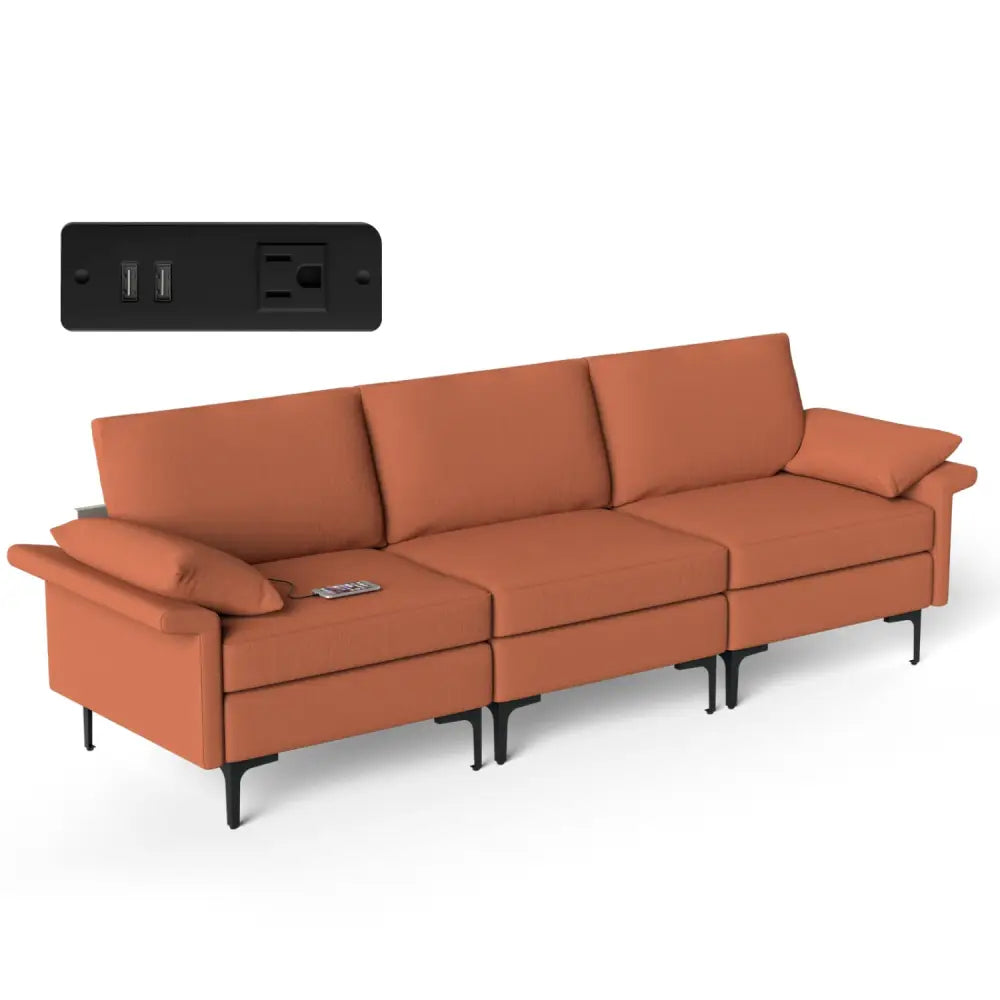 Large 3-Seat Sofa Sectional with Metal Legs and 2 USB Ports for 3-4 people-Red - Red - Sofas & Loveseats