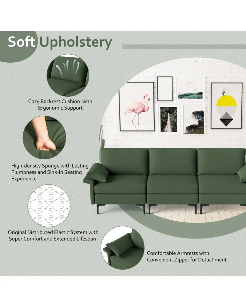 Large 3-Seat Sofa Sectional with Metal Legs and 2 USB Ports for 3-4 people-Green - Army Green - Sofas & Loveseats