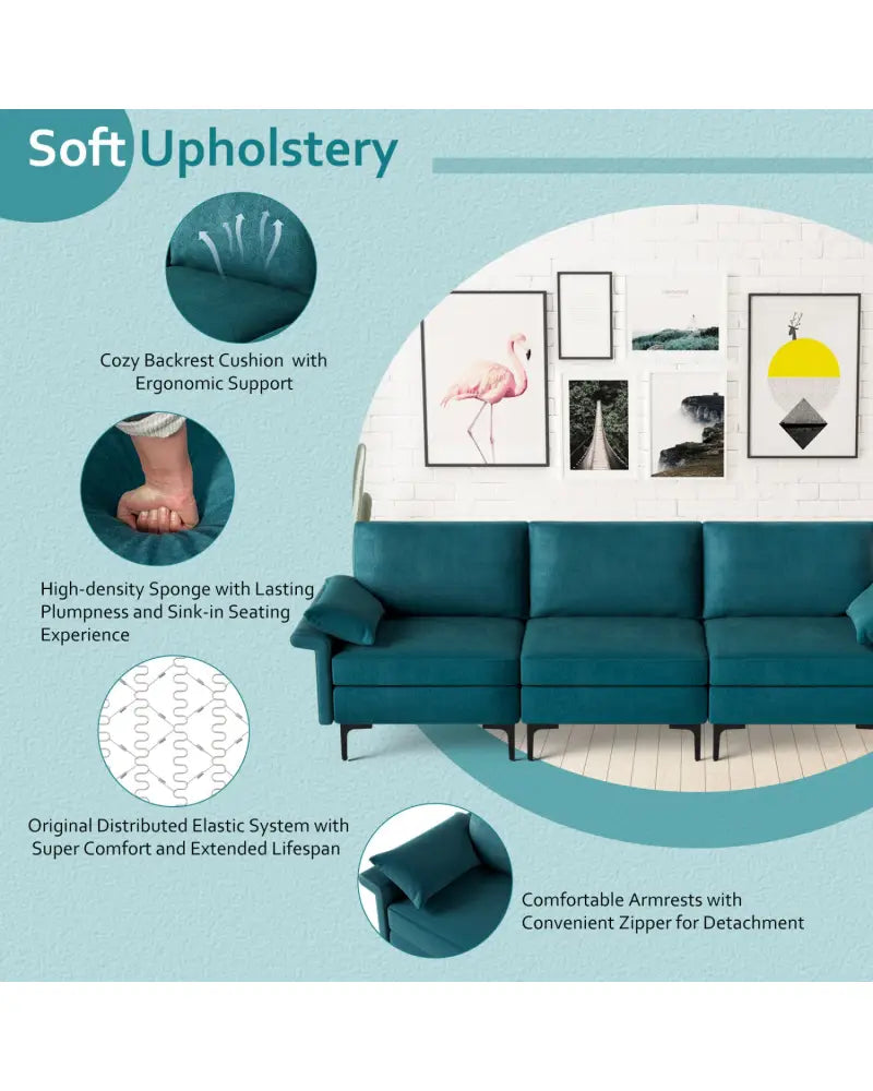 Large 3-Seat Sofa Sectional with Metal Legs and 2 USB Ports for 3-4 people-Turquoise - Turquoise - Sofas & Loveseats