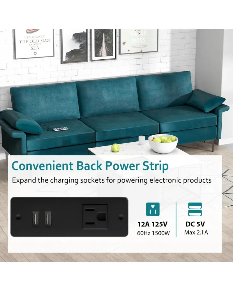 Large 3-Seat Sofa Sectional with Metal Legs and 2 USB Ports for 3-4 people-Turquoise - Turquoise - Sofas & Loveseats