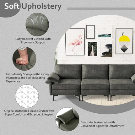 Large 3-Seat Sofa Sectional with Metal Legs and 2 USB Ports for 3-4 people-Silver - Gray - Sofas & Loveseats