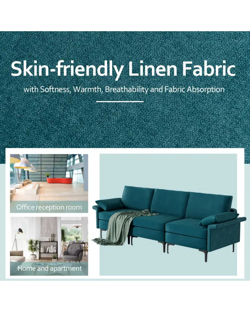 Large 3-Seat Sofa Sectional with Metal Legs and 2 USB Ports for 3-4 people-Turquoise - Turquoise - Sofas & Loveseats