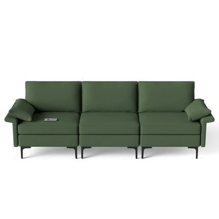 Large 3-Seat Sofa Sectional with Metal Legs and 2 USB Ports for 3-4 people-Green - Army Green - Sofas & Loveseats