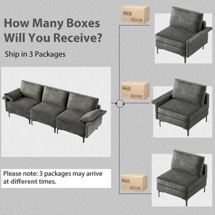 Large 3-Seat Sofa Sectional with Metal Legs and 2 USB Ports for 3-4 people-Silver - Gray - Sofas & Loveseats