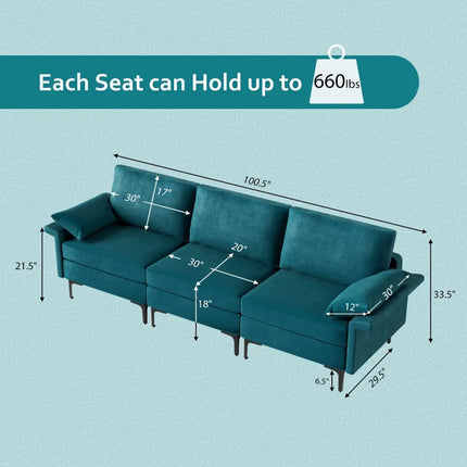 Large 3-Seat Sofa Sectional with Metal Legs and 2 USB Ports for 3-4 people-Turquoise - Turquoise - Sofas & Loveseats