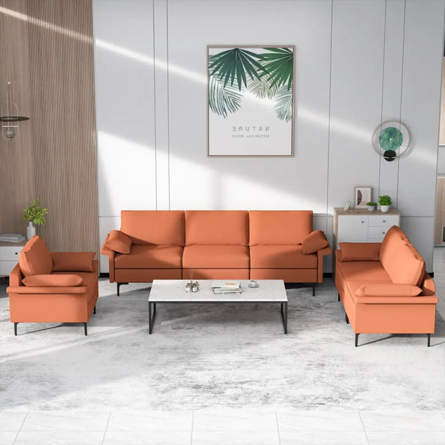 Large 3-Seat Sofa Sectional with Metal Legs and 2 USB Ports for 3-4 people-Red - Red - Sofas & Loveseats