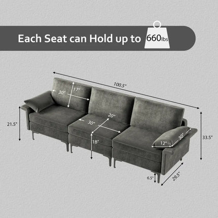 Large 3-Seat Sofa Sectional with Metal Legs and 2 USB Ports for 3-4 people-Silver - Gray - Sofas & Loveseats