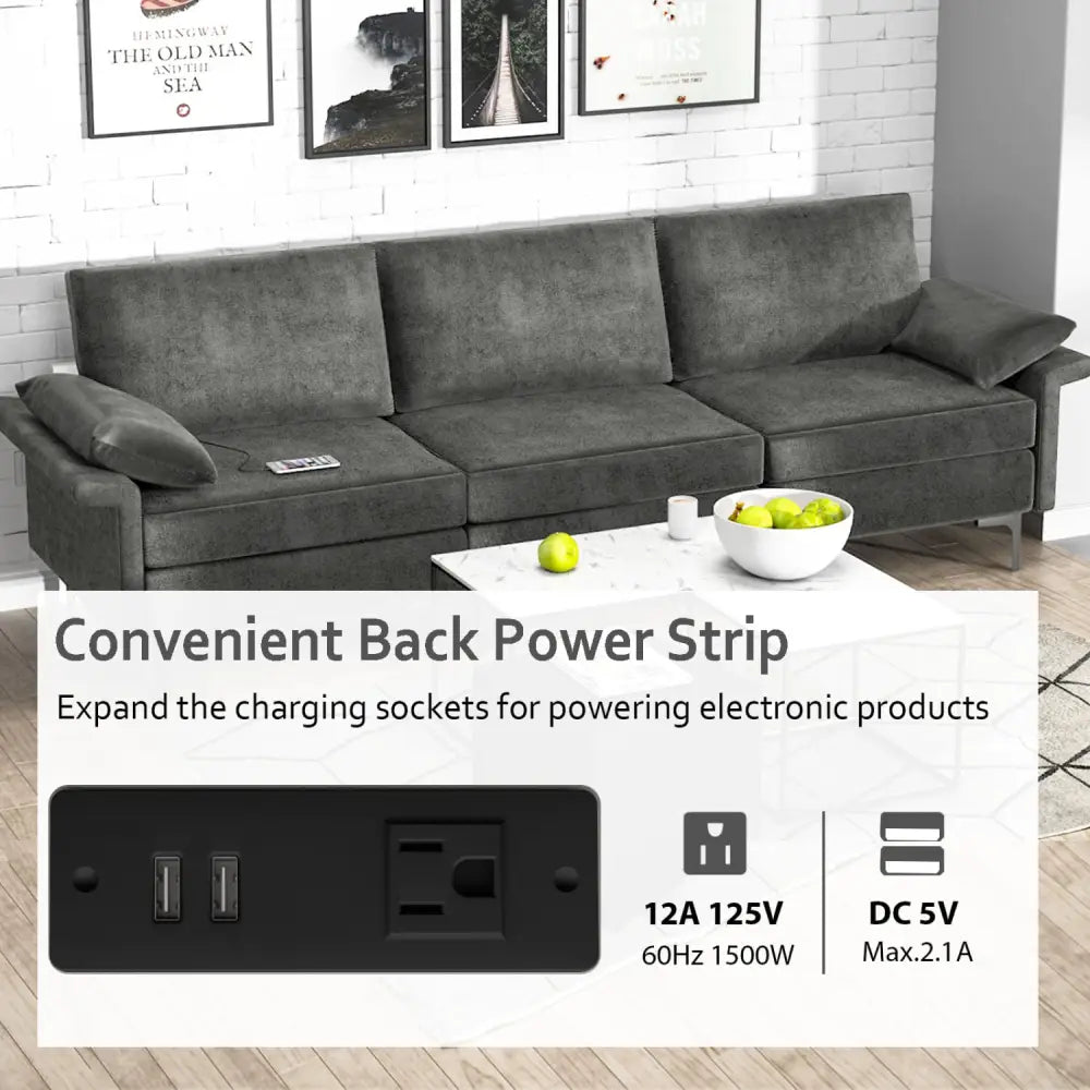 Large 3-Seat Sofa Sectional with Metal Legs and 2 USB Ports for 3-4 people-Silver - Gray - Sofas & Loveseats