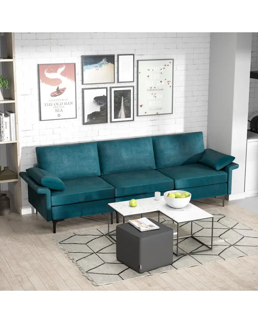Large 3-Seat Sofa Sectional with Metal Legs and 2 USB Ports for 3-4 people-Turquoise - Turquoise - Sofas & Loveseats