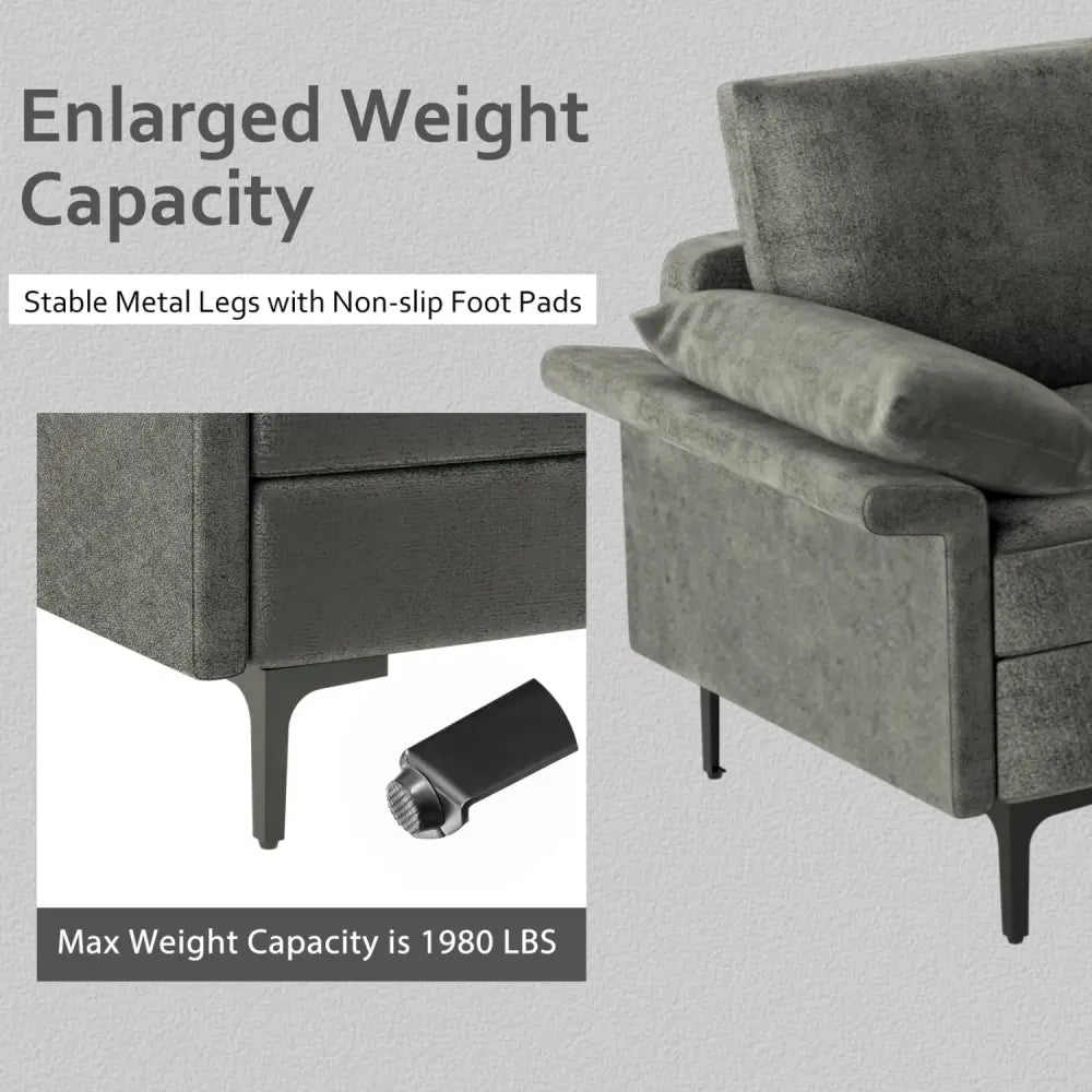 Large 3-Seat Sofa Sectional with Metal Legs and 2 USB Ports for 3-4 people-Silver - Gray - Sofas & Loveseats