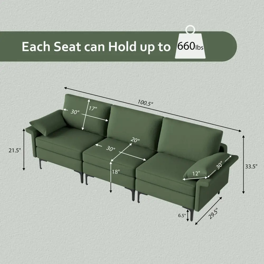 Large 3-Seat Sofa Sectional with Metal Legs for 3-4 people-Army Green - Army Green - Sofas & Loveseats