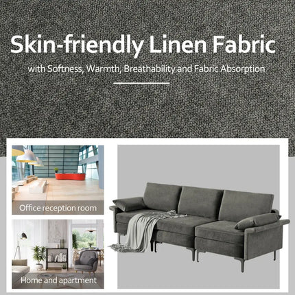 Large 3-Seat Sofa Sectional with Metal Legs for 3-4 people-Gray - Gray - Sofas & Loveseats