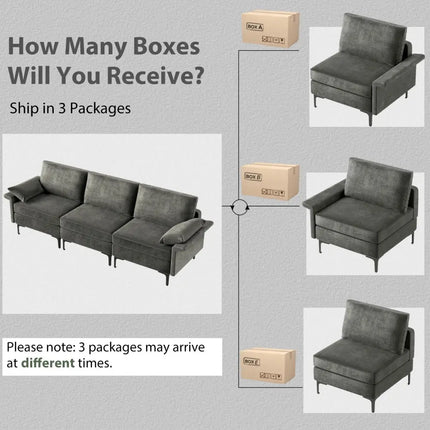 Large 3-Seat Sofa Sectional with Metal Legs for 3-4 people-Gray - Gray - Sofas & Loveseats