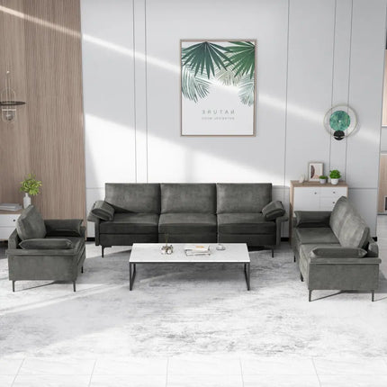 Large 3-Seat Sofa Sectional with Metal Legs for 3-4 people-Gray - Gray - Sofas & Loveseats