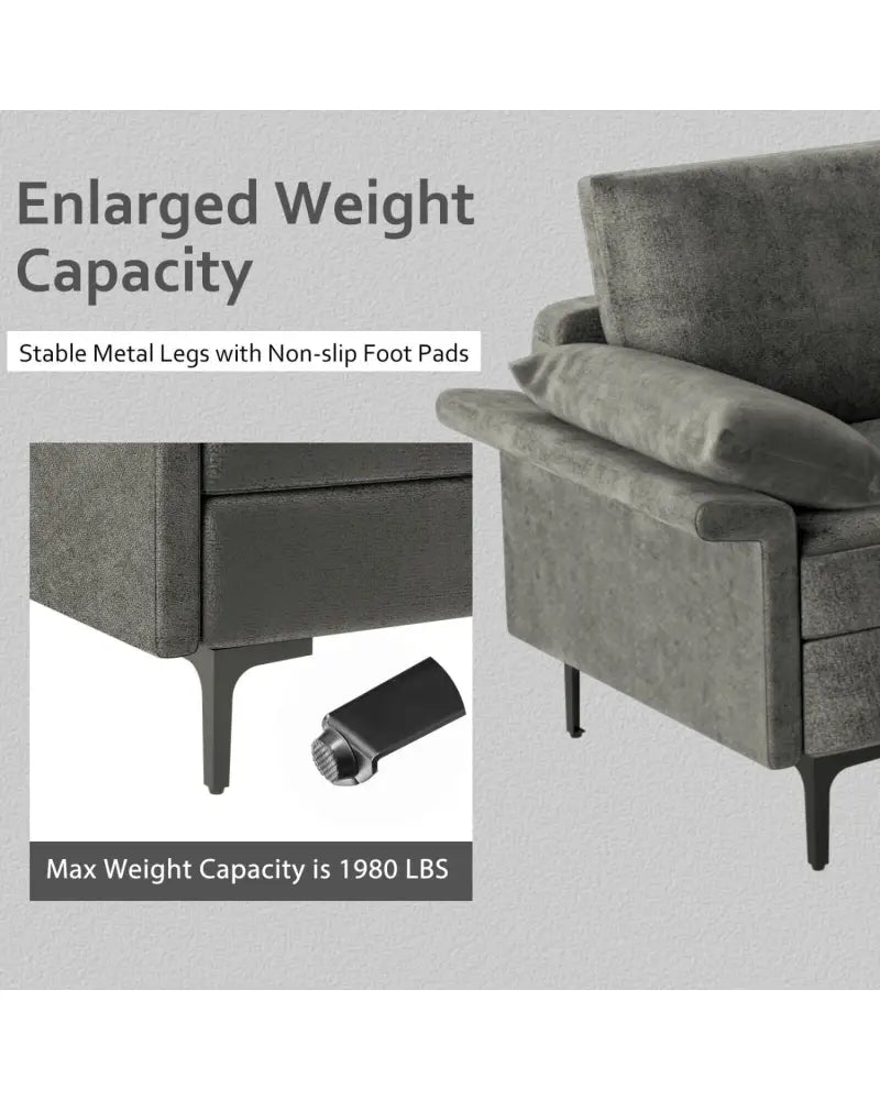 Large 3-Seat Sofa Sectional with Metal Legs for 3-4 people-Gray - Gray - Sofas & Loveseats
