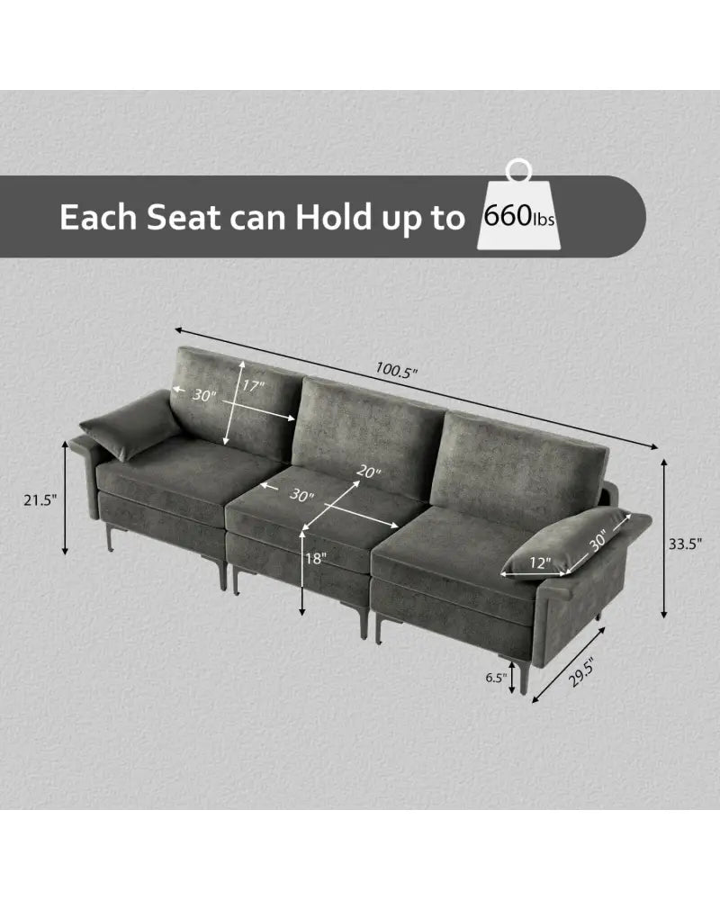 Large 3-Seat Sofa Sectional with Metal Legs for 3-4 people-Gray - Gray - Sofas & Loveseats