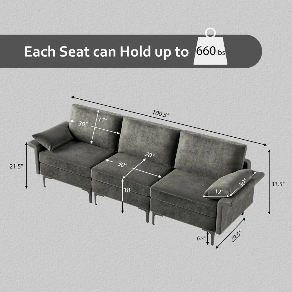 Large 3-Seat Sofa Sectional with Metal Legs for 3-4 people-Gray - Gray - Sofas & Loveseats