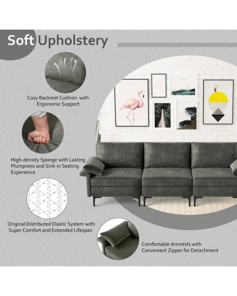 Large 3-Seat Sofa Sectional with Metal Legs for 3-4 people-Gray - Gray - Sofas & Loveseats