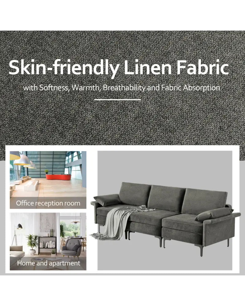 Large 3-Seat Sofa Sectional with Metal Legs for 3-4 people-Gray - Gray - Sofas & Loveseats