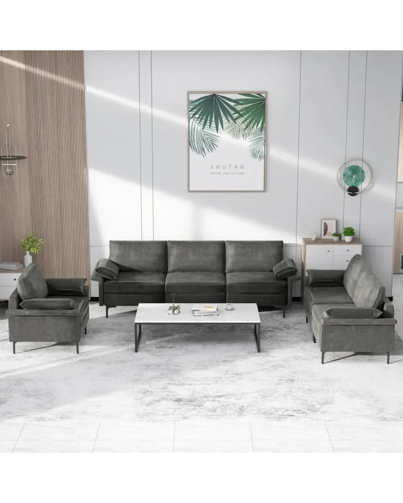 Large 3-Seat Sofa Sectional with Metal Legs for 3-4 people-Gray - Gray - Sofas & Loveseats