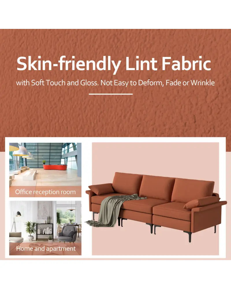 Large 3-Seat Sofa Sectional with Metal Legs for 3-4 people-Rust Red - Red - Sofas & Loveseats