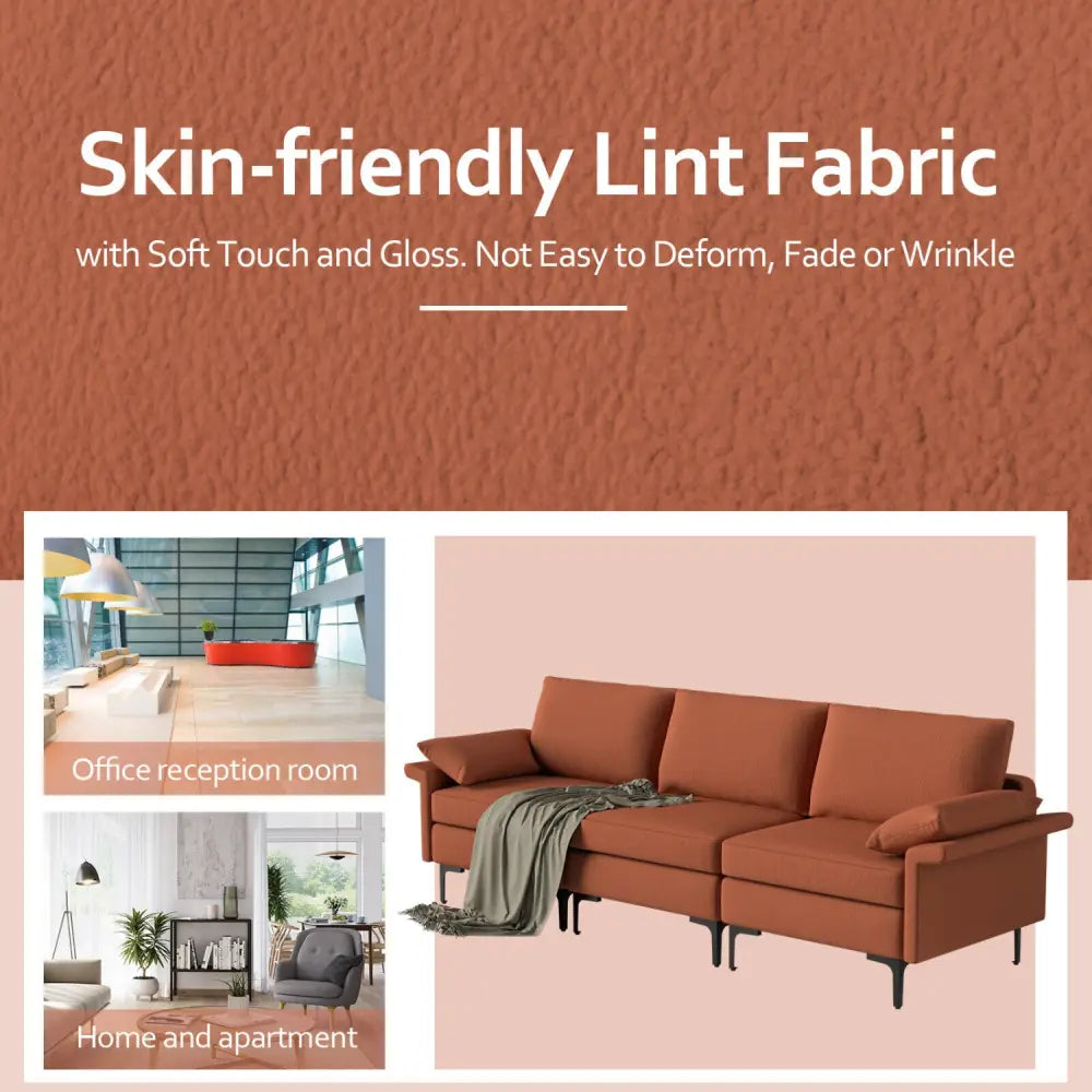 Large 3-Seat Sofa Sectional with Metal Legs for 3-4 people-Rust Red - Red - Sofas & Loveseats