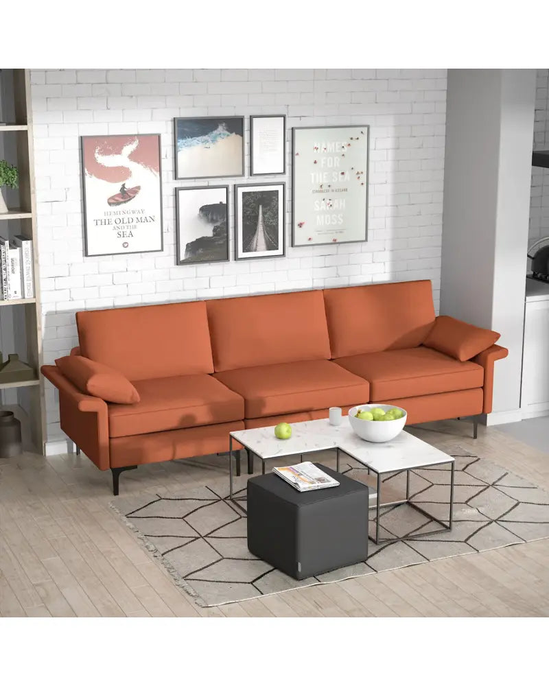 Large 3-Seat Sofa Sectional with Metal Legs for 3-4 people-Rust Red - Red - Sofas & Loveseats