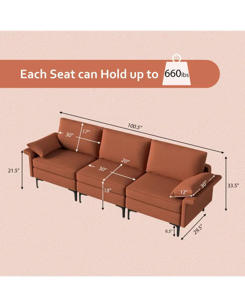 Large 3-Seat Sofa Sectional with Metal Legs for 3-4 people-Rust Red - Red - Sofas & Loveseats