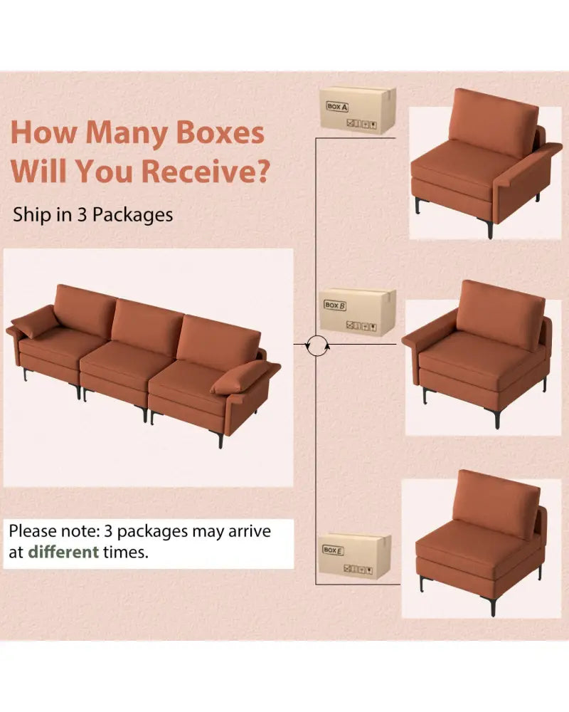 Large 3-Seat Sofa Sectional with Metal Legs for 3-4 people-Rust Red - Red - Sofas & Loveseats