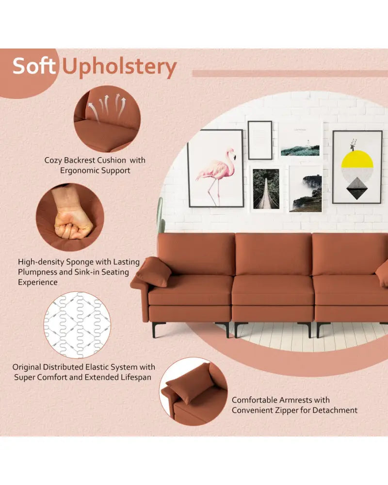 Large 3-Seat Sofa Sectional with Metal Legs for 3-4 people-Rust Red - Red - Sofas & Loveseats