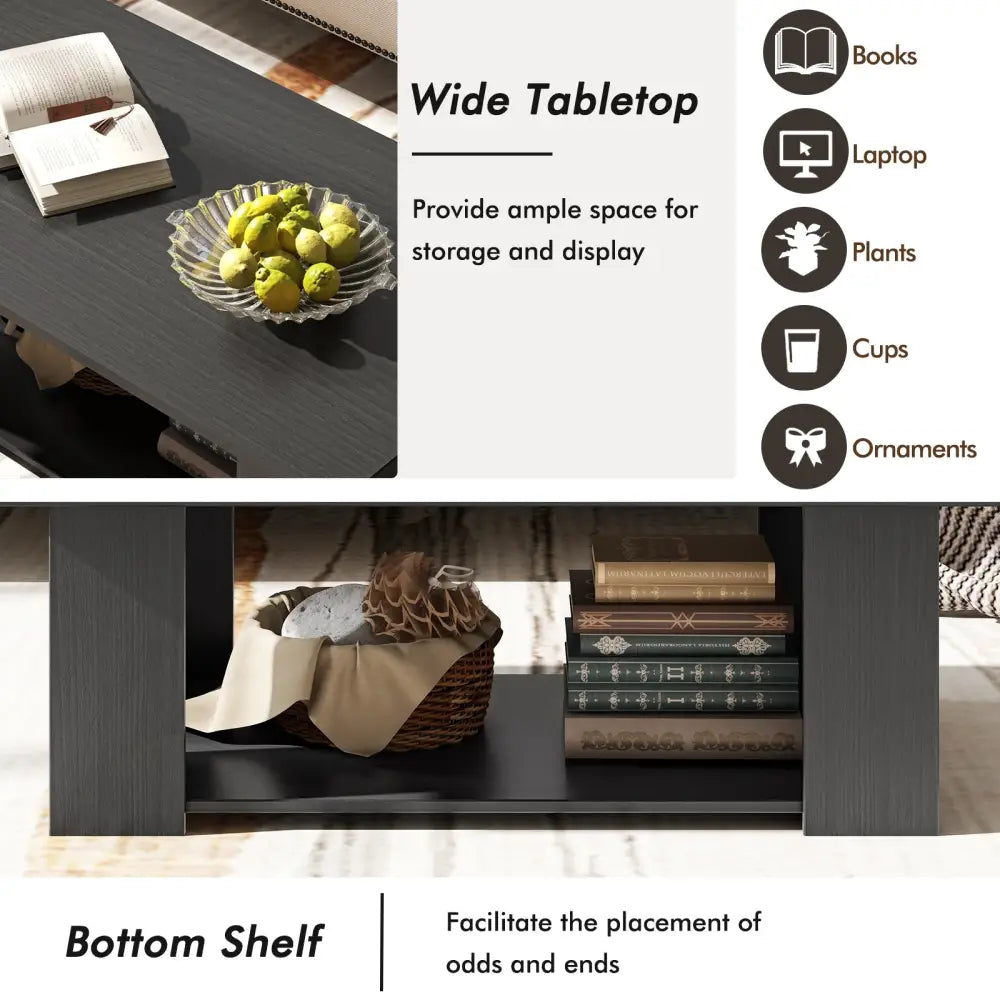 Large 36/41 Inch 2-tier Wooden Modern Coffee Table with Storage Shelf-Black - Black - Coffee Tables