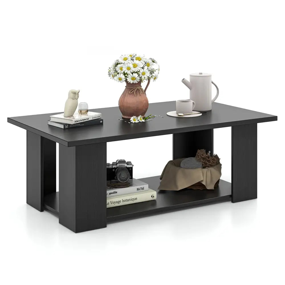 Large 36/41 Inch 2-tier Wooden Modern Coffee Table with Storage Shelf-Black - Black - Coffee Tables