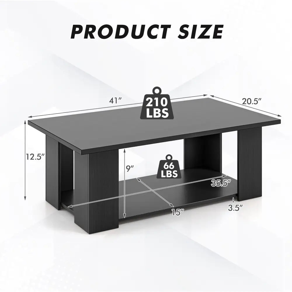 Large 36/41 Inch 2-tier Wooden Modern Coffee Table with Storage Shelf-Black - Black - Coffee Tables