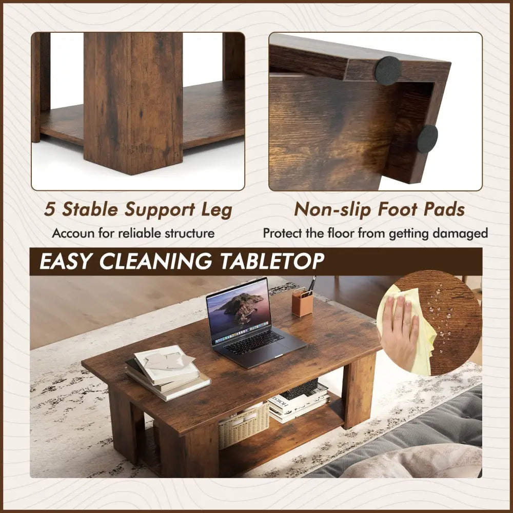 Large 36/41 Inch 2-tier Wooden Modern Coffee Table with Storage Shelf-Coffee - Coffee - Coffee Tables