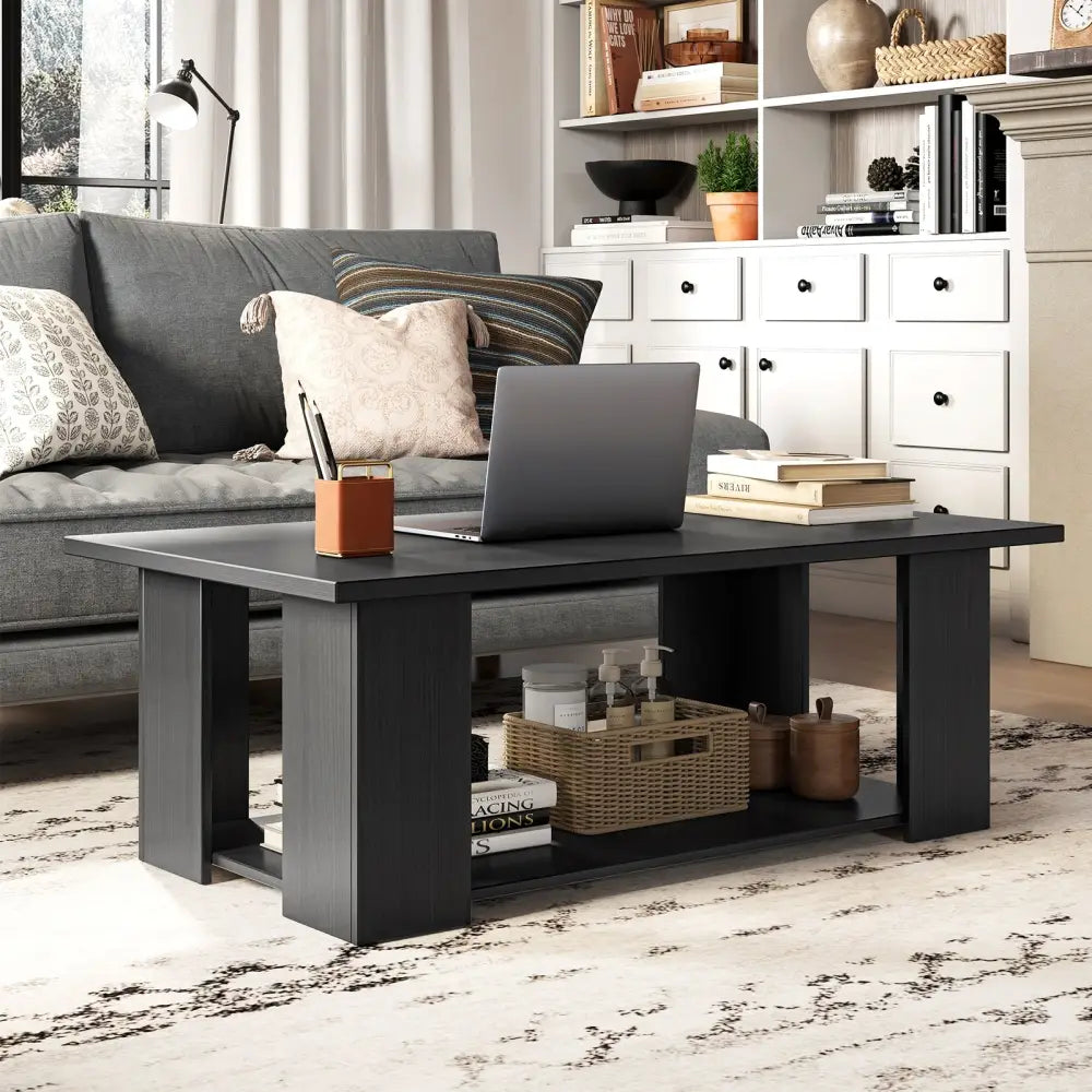 Large 36/41 Inch 2-tier Wooden Modern Coffee Table with Storage Shelf-Black - Black - Coffee Tables