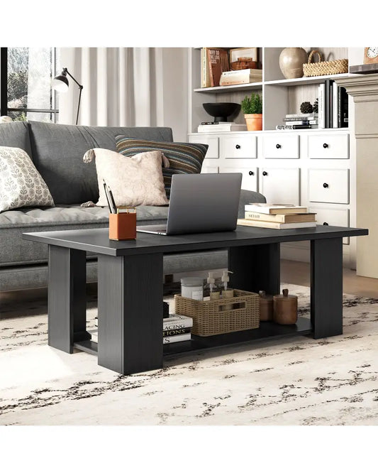 Large 36/41 Inch 2-tier Wooden Modern Coffee Table with Storage Shelf-Black - Black - Coffee Tables