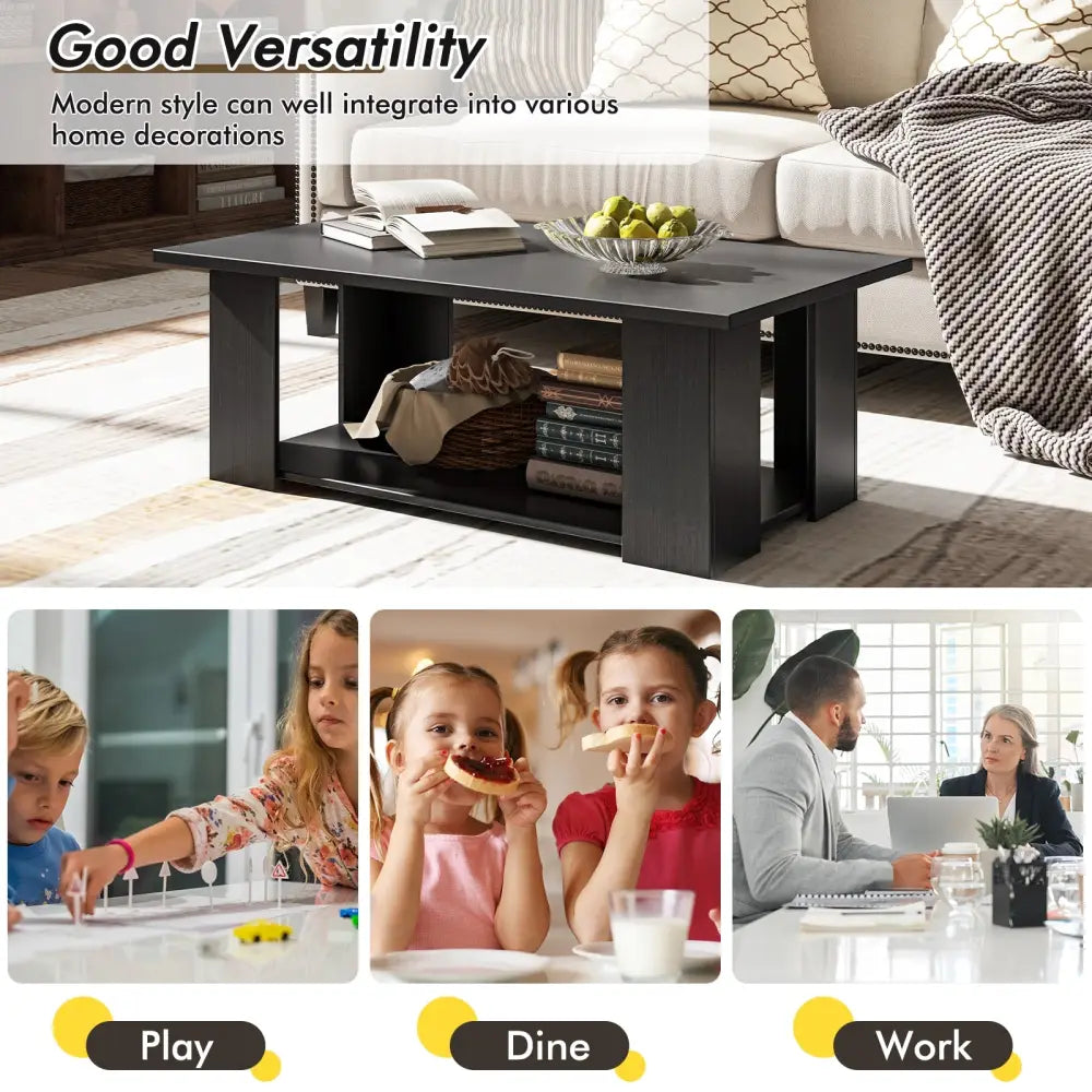 Large 36/41 Inch 2-tier Wooden Modern Coffee Table with Storage Shelf-Black - Black - Coffee Tables