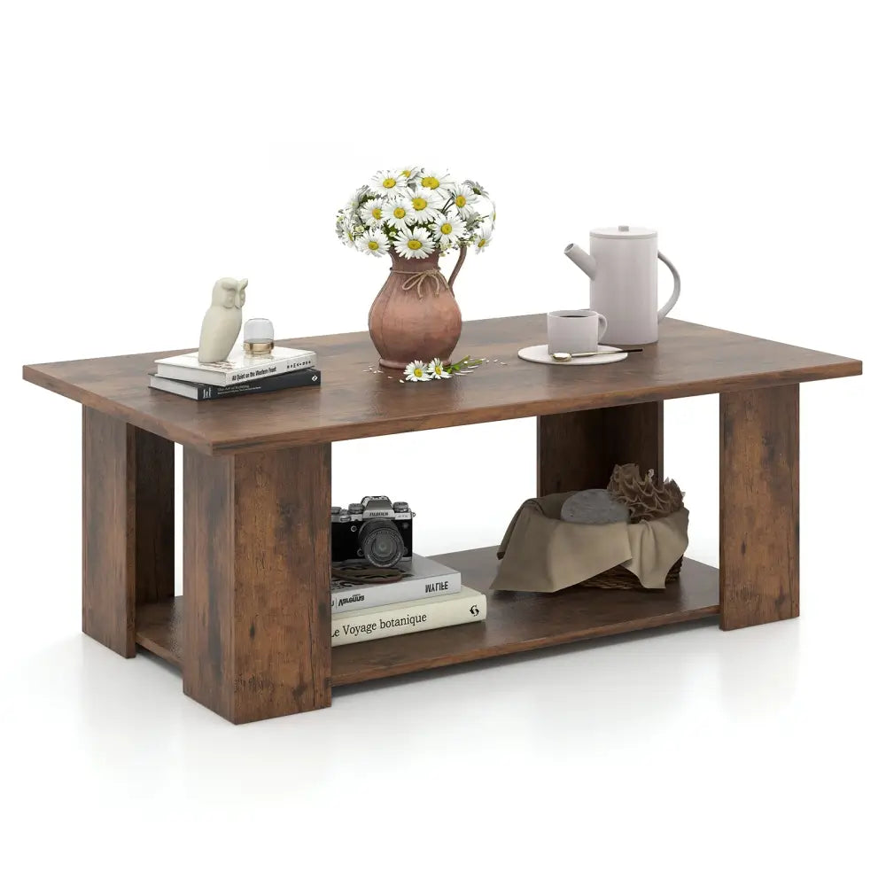 Large 36/41 Inch 2-tier Wooden Modern Coffee Table with Storage Shelf-Coffee - Coffee - Coffee Tables