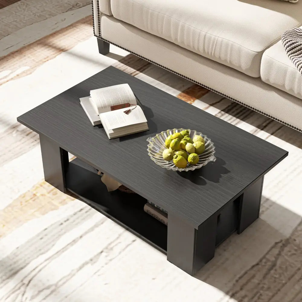 Large 36/41 Inch 2-tier Wooden Modern Coffee Table with Storage Shelf-Black - Black - Coffee Tables
