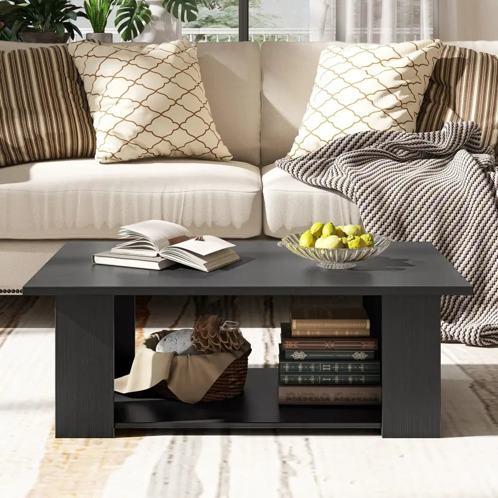 Large 36/41 Inch 2-tier Wooden Modern Coffee Table with Storage Shelf-Black - Black - Coffee Tables