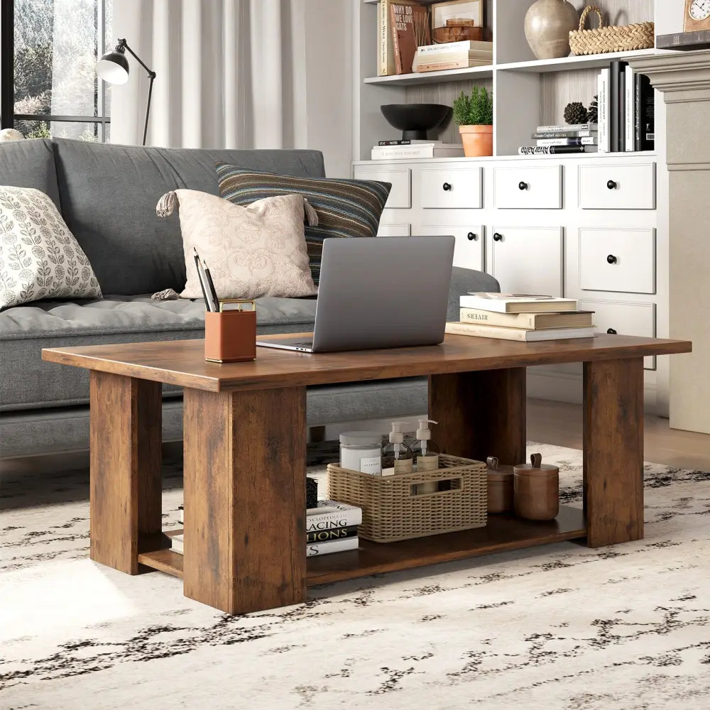 Large 36/41 Inch 2-tier Wooden Modern Coffee Table with Storage Shelf-Coffee - Coffee - Coffee Tables