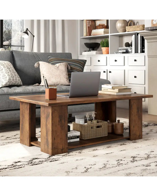 Large 36/41 Inch 2-tier Wooden Modern Coffee Table with Storage Shelf-Coffee - Coffee - Coffee Tables