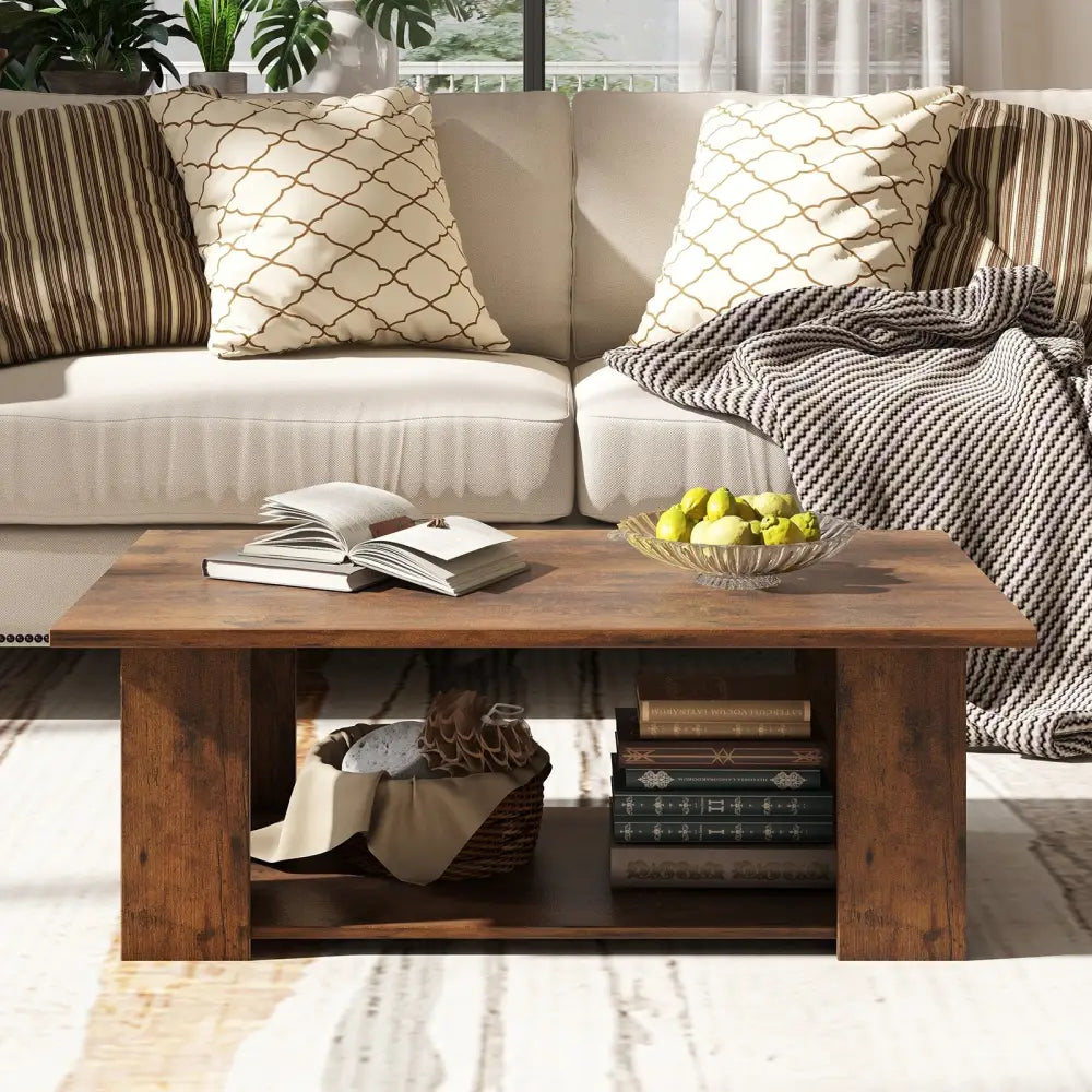 Large 36/41 Inch 2-tier Wooden Modern Coffee Table with Storage Shelf-Coffee - Coffee - Coffee Tables