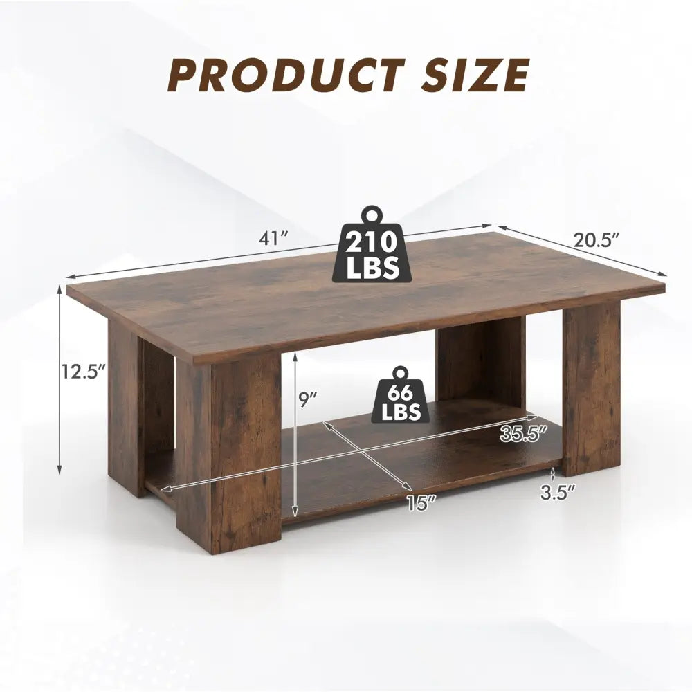Large 36/41 Inch 2-tier Wooden Modern Coffee Table with Storage Shelf-Coffee - Coffee - Coffee Tables